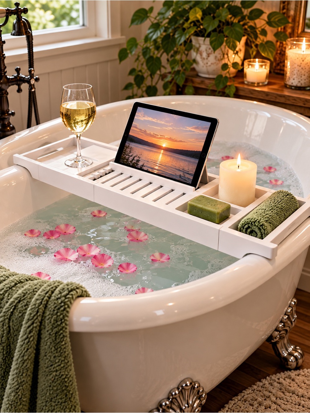 Luxury White Expandable Bathtub Caddy Tray with Tablet Holder and Spa Organizer